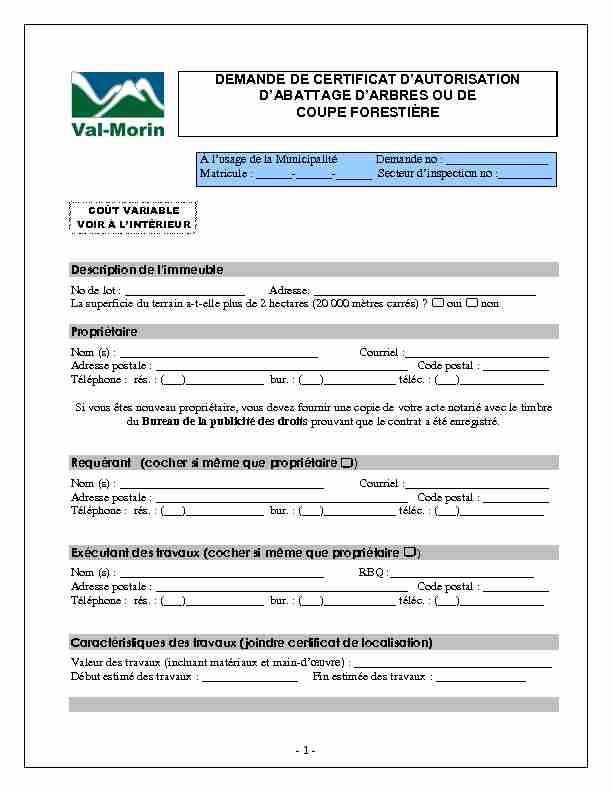 Demande De Certificat Dautorisation Dabattage Darbres Ou De Coupe PDF