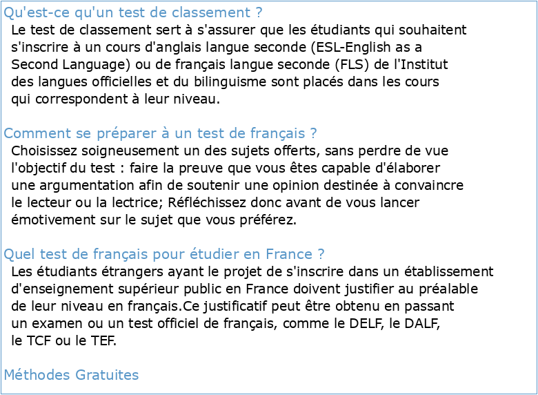 EXEMPLE DE TEST DE CLASSEMENT EN FRANÇAIS (Université