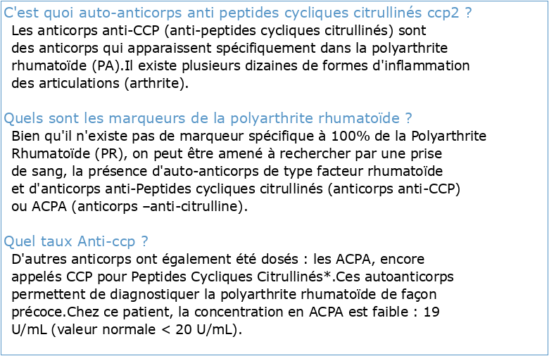 Anticorps anti-peptides/protéines citrulliné(e)s (ACPA) dans