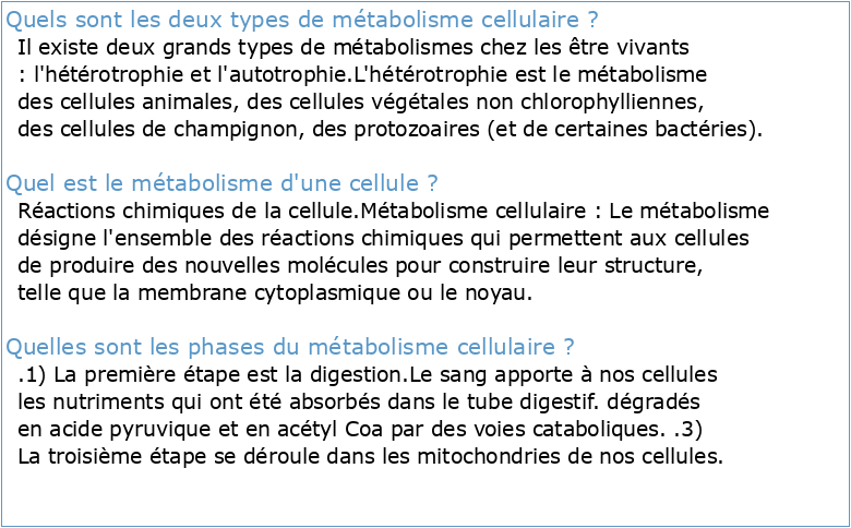 2nde : métabolisme des cellules CORRECTION