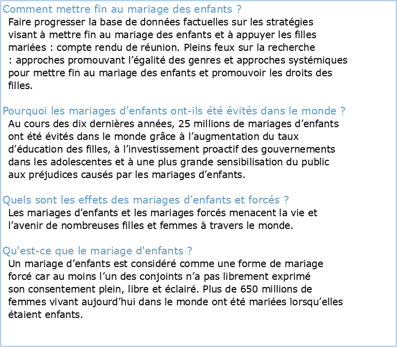 METTRE FIN AU MARIAGE DES ENFANTS : LE RÔLE DES