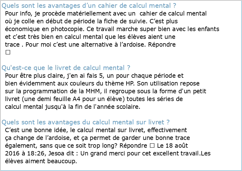 Fiches complémentaires MHM – Cycle 3 Calcul mental