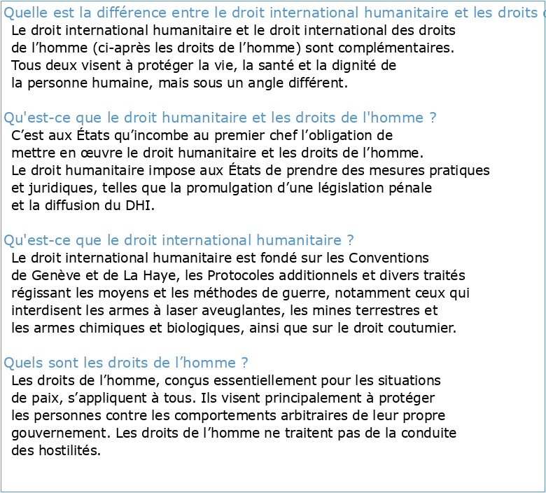 Droit humanitaire et droits de l'homme: spécificités et