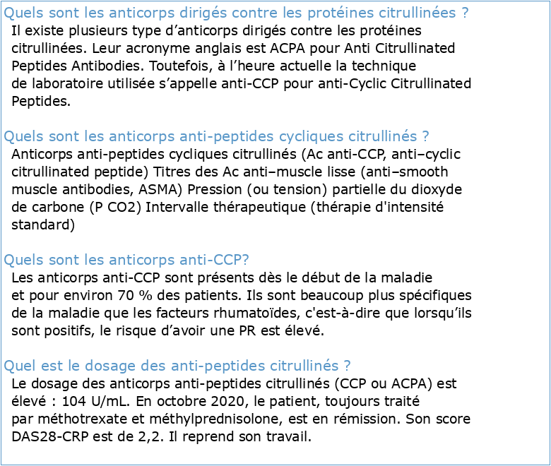 Anticorps anti-peptides/protéines citrulliné(e)s (ACPA) dans la