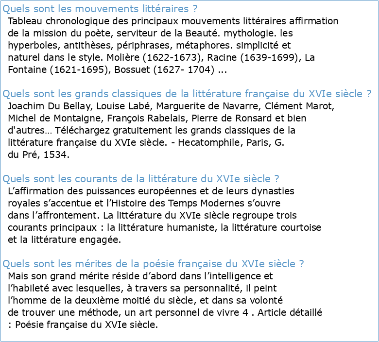 Tableau chronologique des principaux mouvements littéraires XVIe