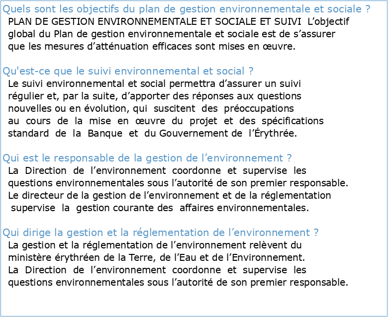 Résumé du plan de gestion environnemental et social