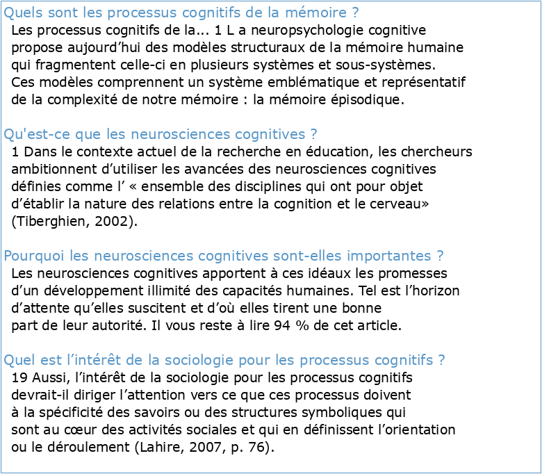 Bibliographie sur les neurosciences et les processus cognitifs d