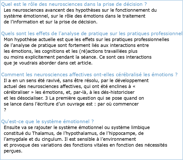Analyse de pratiques neurosciences et la question des émotions