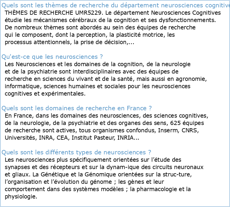 La recherche en neurosciences et sciences cognitives en France