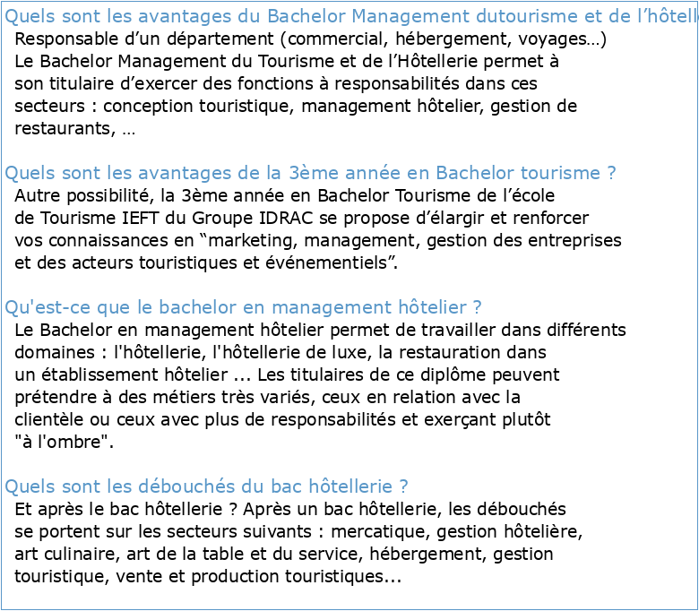 BACHELOR (Bac+3) Management Touristique et Hôtelier