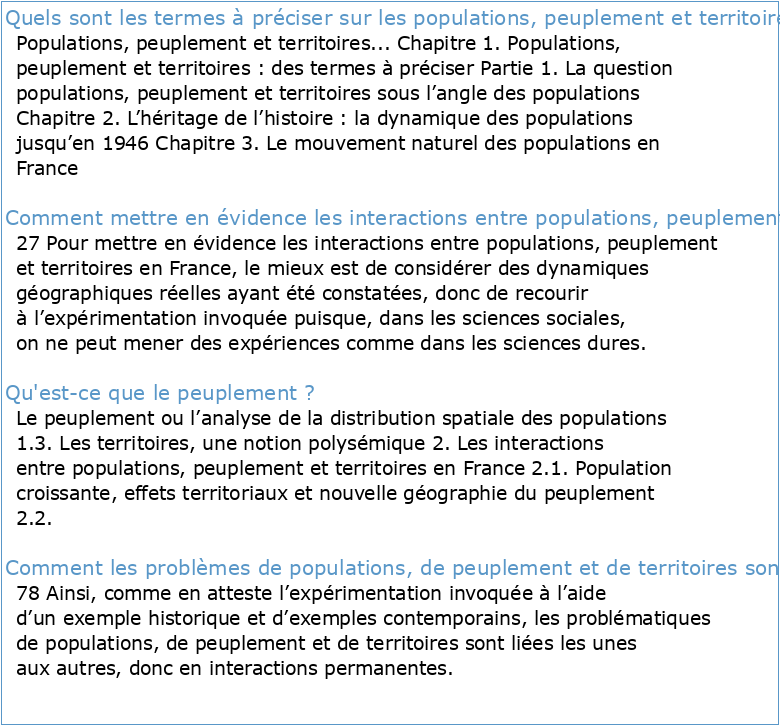 POPULATIONS PEUPLEMENT ET TERRITOIRES EN FRANCE