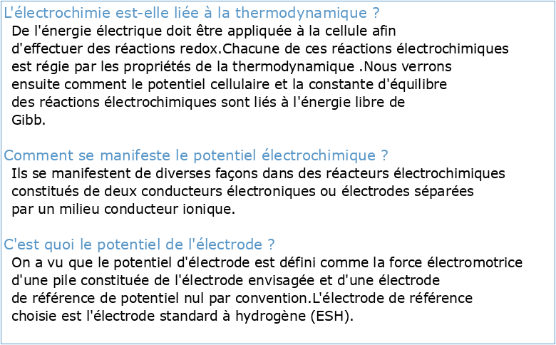Cellules électrochimiques : aspects thermodynamiques et