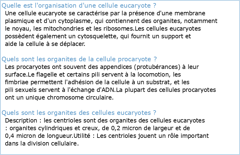Organisation générale de la cellule eucaryote et procaryote