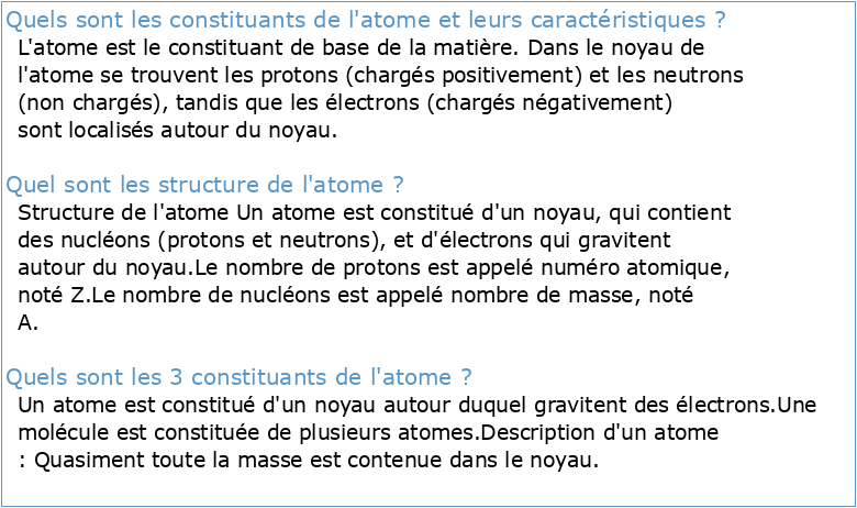 Chapitre 1: Structure de l'atome ; Constituants de la matière