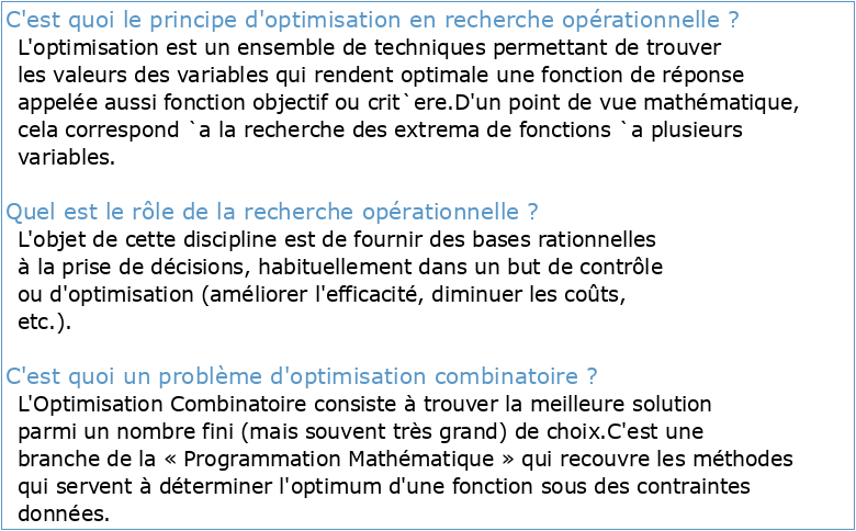 Recherche Opérationnelle et Optimisation Combinatoire Introduction