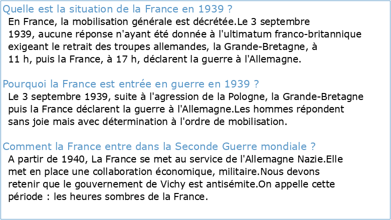 LA FRANCE DURANT LA SECONDE GUERRE MONDIALE (1939