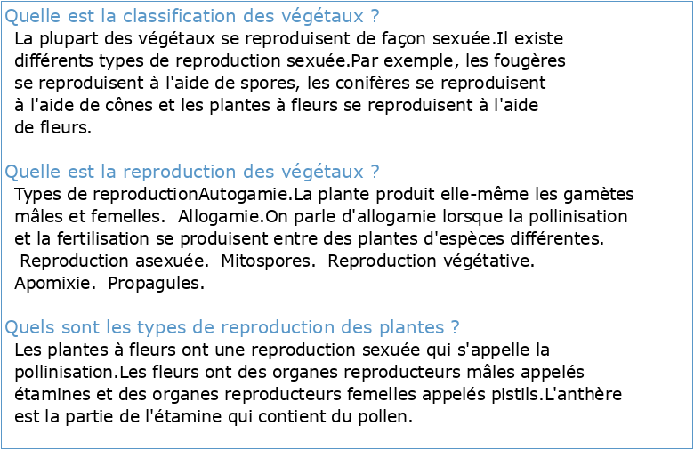 Classification évolution et reproduction des végétaux