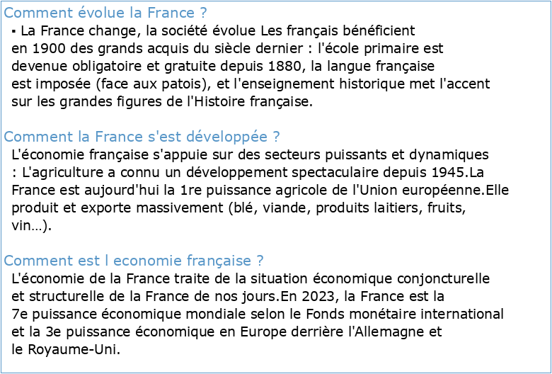 La France a considérablement évoluée en un siècle : une économie