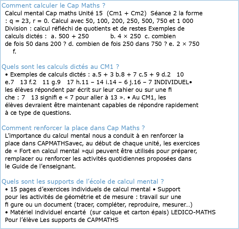 Calcul mental Cap maths Unité 1 (Cm1 + Cm2)