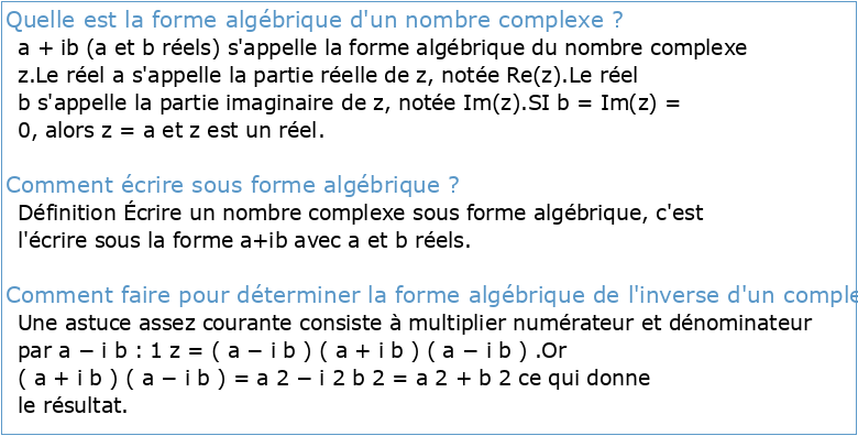 Nombres complexes 1 Définition 2 Forme algébrique