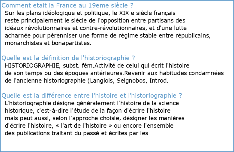 HISTORIOGRAPHIE DE LA FRANCE AU XIX SIECLE