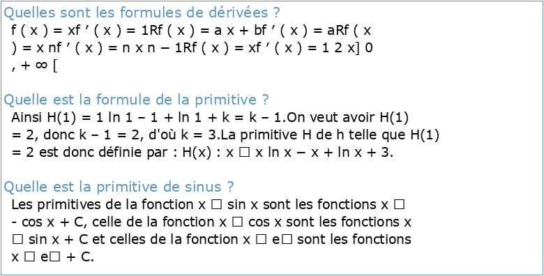 Tableaux des dérivées et primitives et quelques formules en