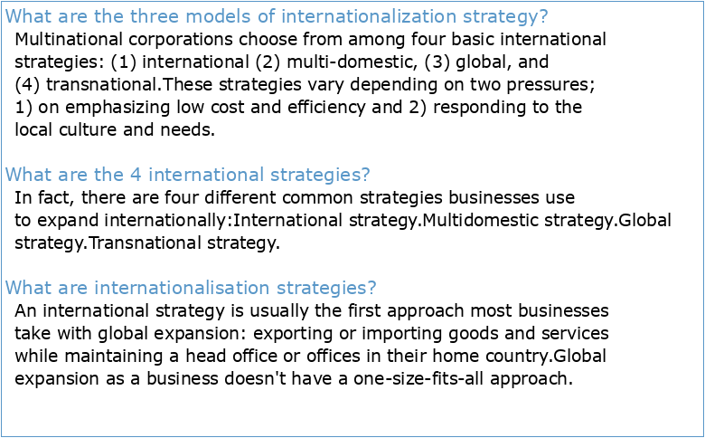 Internationalization Strategies Revisited: Main Models and