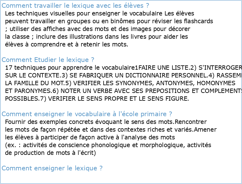 Enseignement / apprentissage du lexique en Français sur