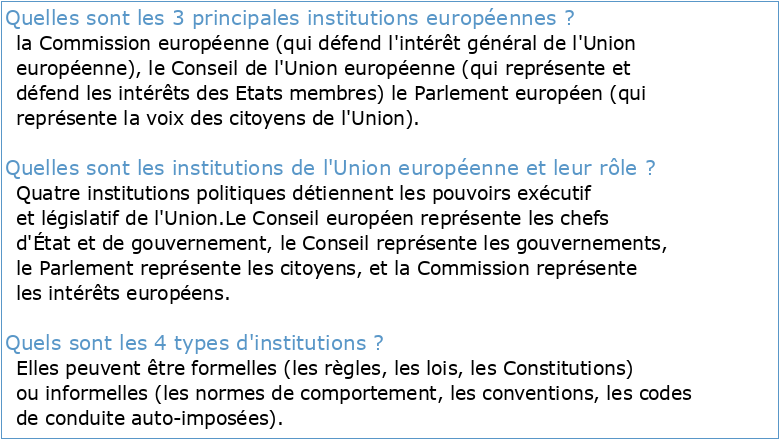 TROIS principales institutions dans lUnion européenne