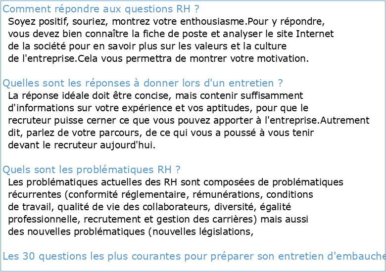 QUESTIONS / REPONSES RESSOURCES HUMAINES