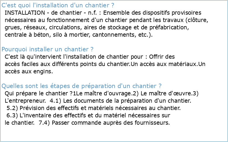 CHAPITRE I : INSTALLATION DES CHANTIERS I1 Introduction