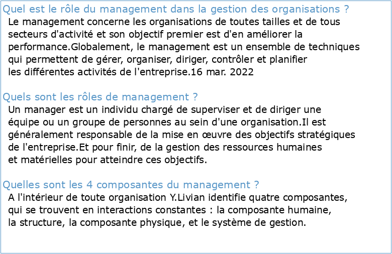 Thème 1 : Le rôle du management dans la gestion des organisations