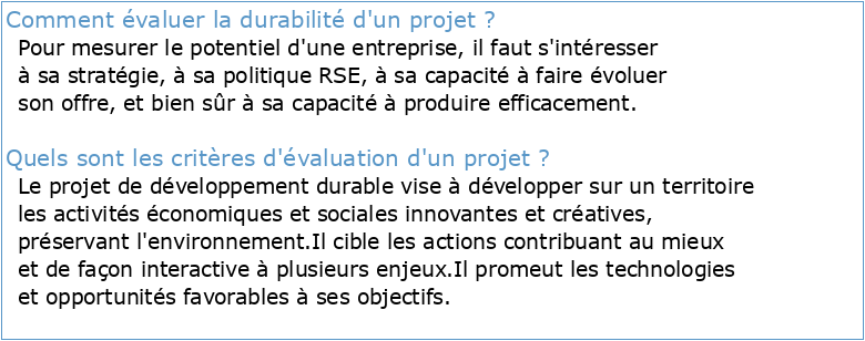 Évaluation de la durabilité des projets d'innovation (projets de