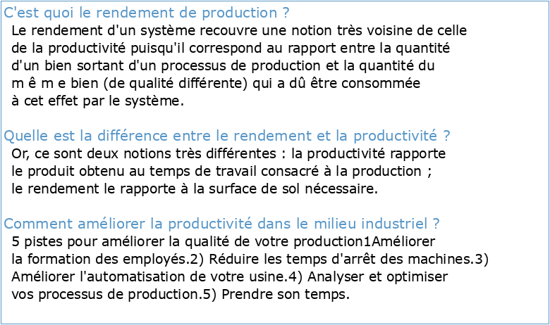 i la production au rendement et à la productivité dans les industries