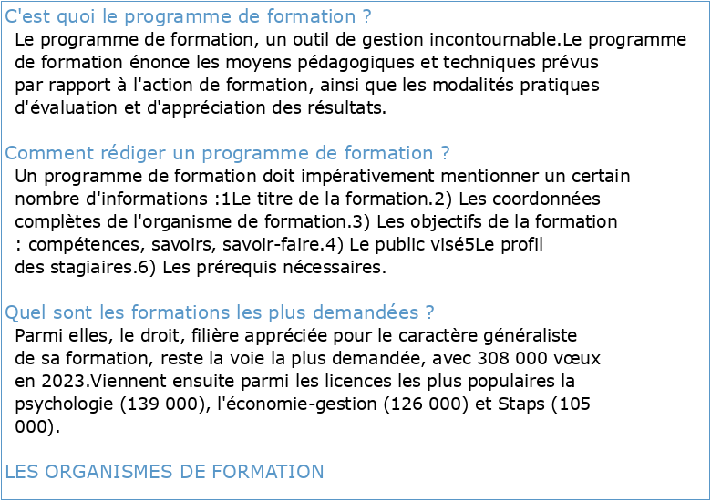 Calendrier des formations