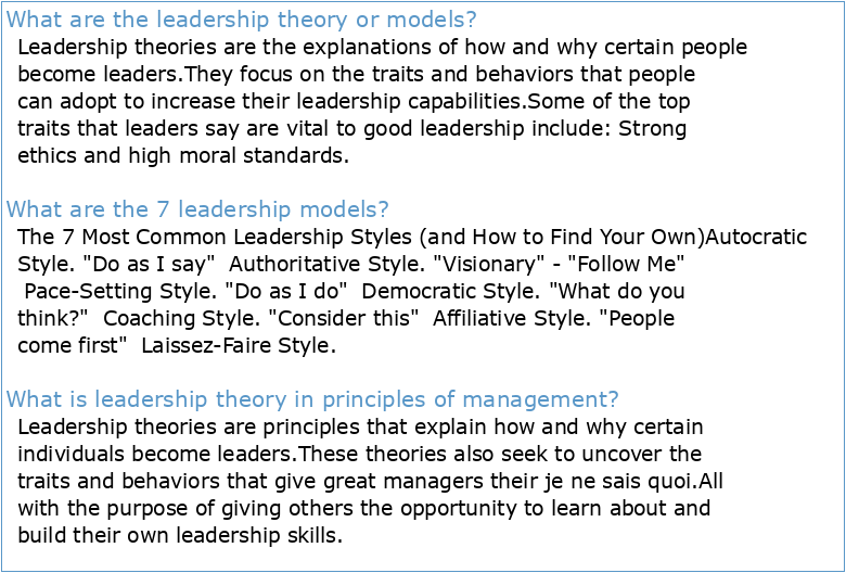 Leadership Management: Principles Models and Theories