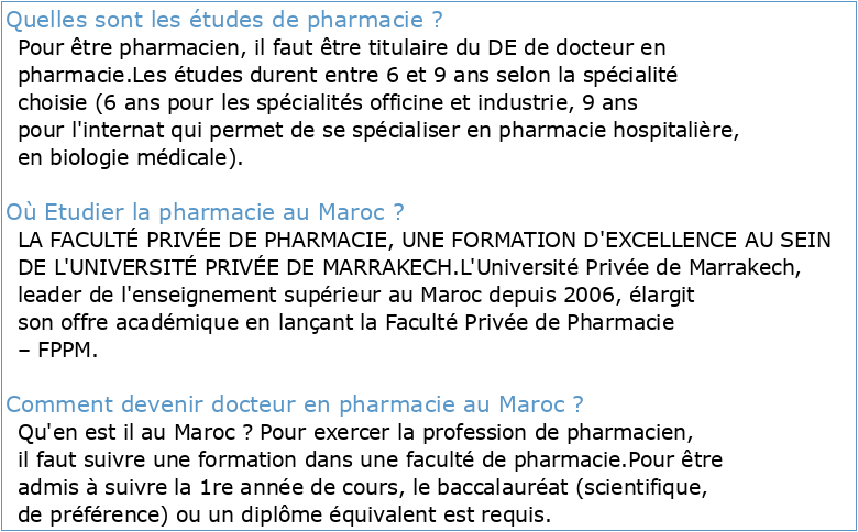 Les études pharmaceutiques Les études pharmaceutiques au Maroc
