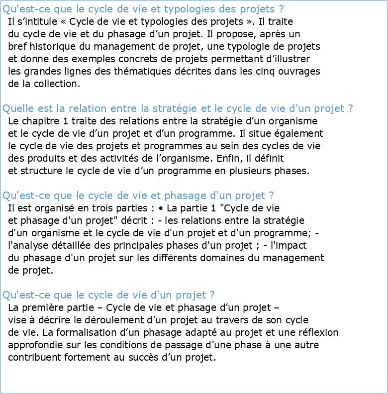 Cycle de vie et typologie des projets