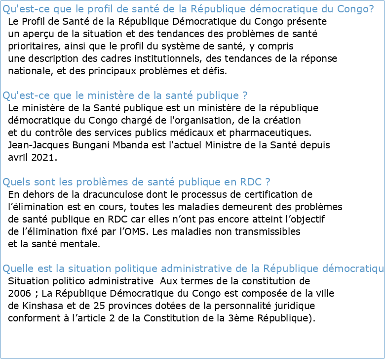 REPUBLIQUE DEMOCRATIQUE DU CONGO MINISTERE DE LA SANTE