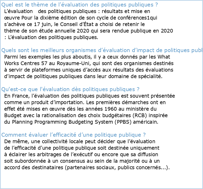 L'évaluation des politiques publiques : résultats et mise en œuvre