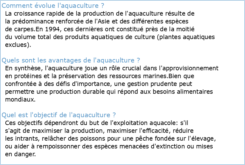Aquaculture potentialités actuelles et futures en eaux douces (iaas