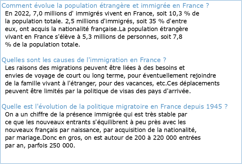 Évolution récente de l'immigration en France et éléments de
