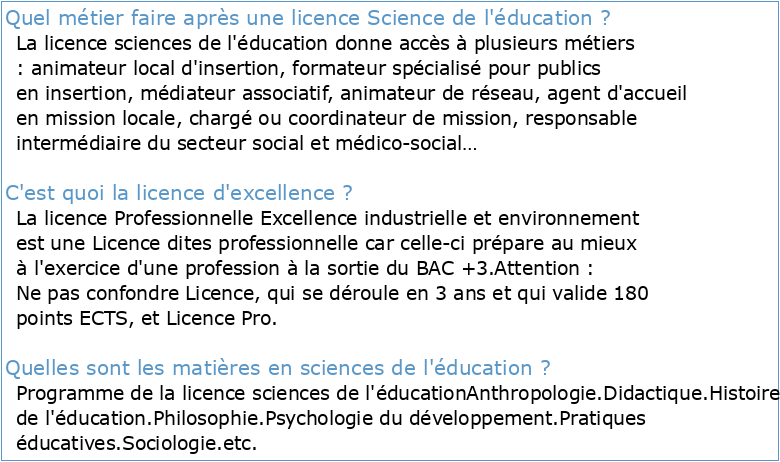 licence fondamentale d'excellence : sciences de l'education