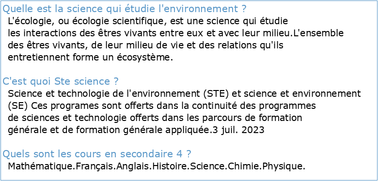 Science et technologie de l'environnement (STE) 4e secondaire