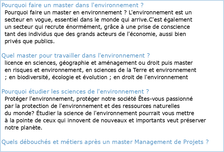 Projet de master international : sciences de l'environnement gestion