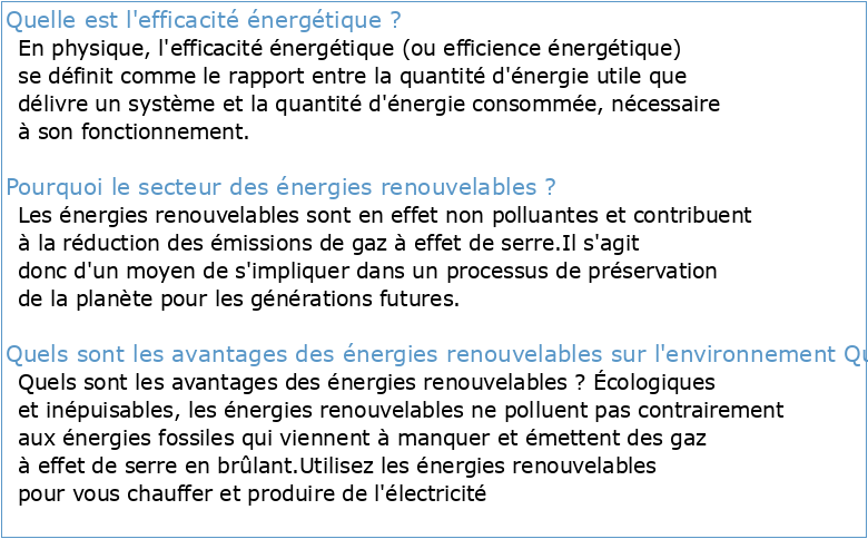 Le secteur des energies renouvelables et l'efficacite energetique au