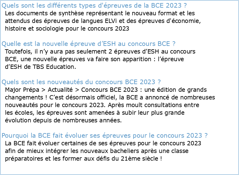 Concours BCE 2023 Evolution des épreuves ESH