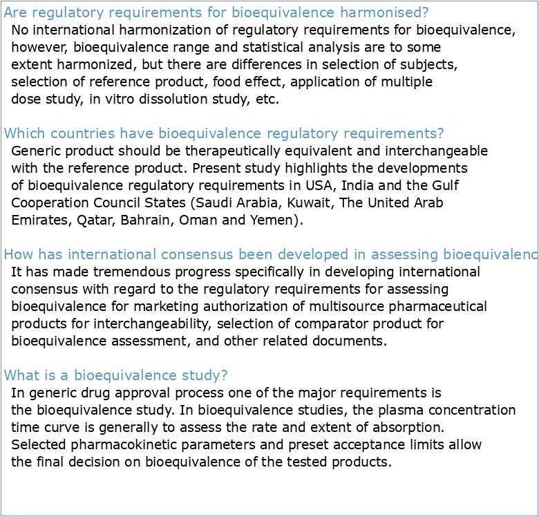 Regulatory Concepts of Bioequivalence studies and international