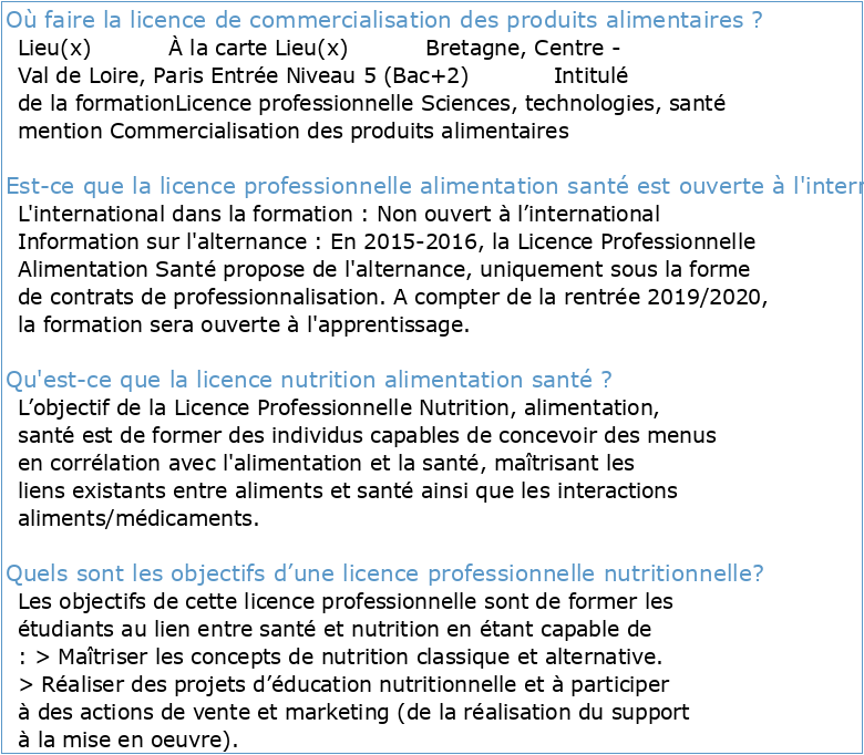 PROGRAMME LICENCE SCIENCES ALIMENTAIRES