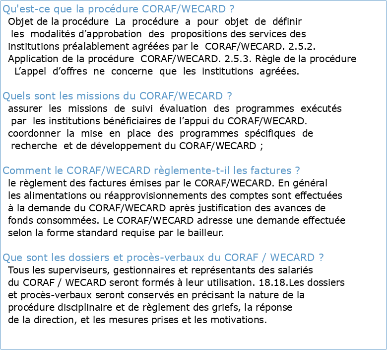 CORAF/WECARD MANUEL DES PROCEDURES DE GESTION
